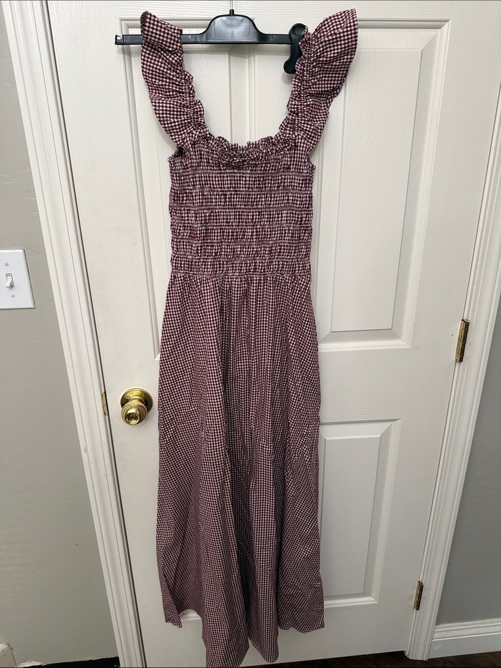 Faithfull the Brand Burgundy Gingham Maxi Dress with Ruffle Straps